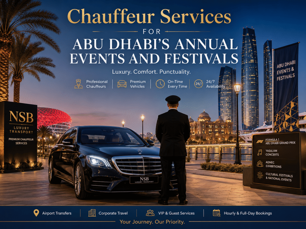 Luxury chauffeur service in Abu Dhabi for annual events, VIP festivals, corporate exhibitions, Formula 1, concerts, and premium guest transportation by NSB Luxury Transport.