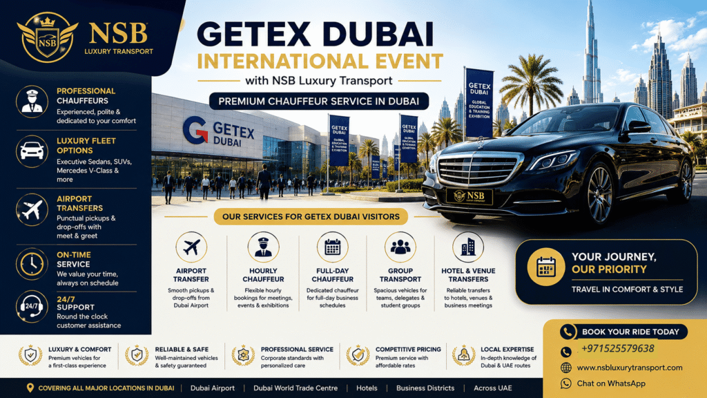 Getex Dubai International Event with NSB Luxury Transport infographic showing luxury chauffeur service, airport transfers, executive Mercedes sedan, and Dubai skyline