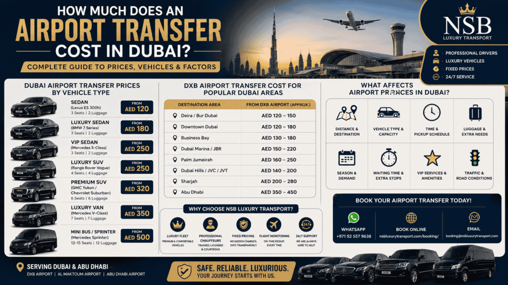 Dubai airport transfer cost infographic featuring Lexus ES 300h, BMW 7 Series, Mercedes S-Class, GMC Yukon, Mercedes V-Class, and Sprinter van with DXB airport transfer prices for Dubai and Abu Dhabi by NSB Luxury Transport.