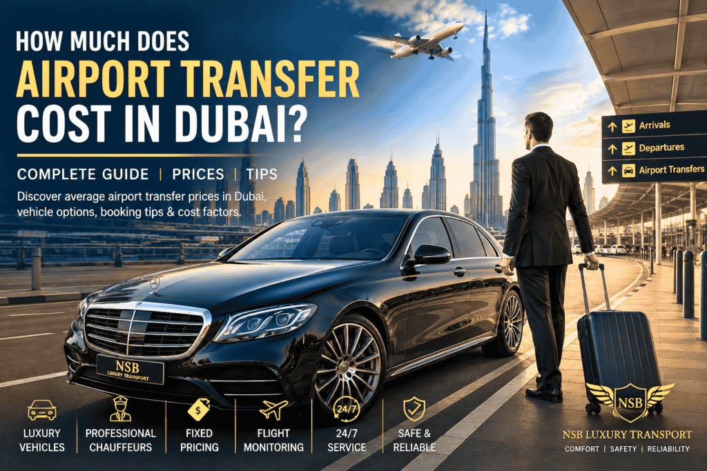 Luxury airport transfer in Dubai with professional chauffeur, Mercedes sedan, Dubai airport arrivals area, Burj Khalifa skyline, and NSB Luxury Transport airport pickup service.