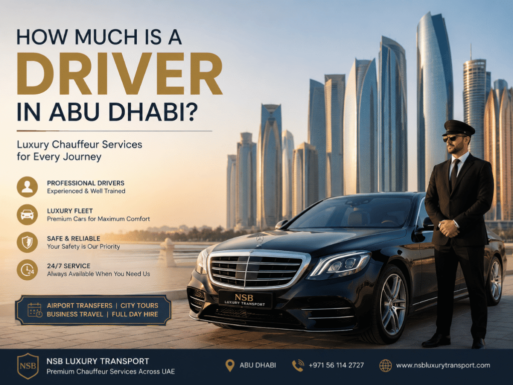 Luxury chauffeur service in Abu Dhabi with professional driver and premium Mercedes sedan for airport transfers, business travel, and private transportation.