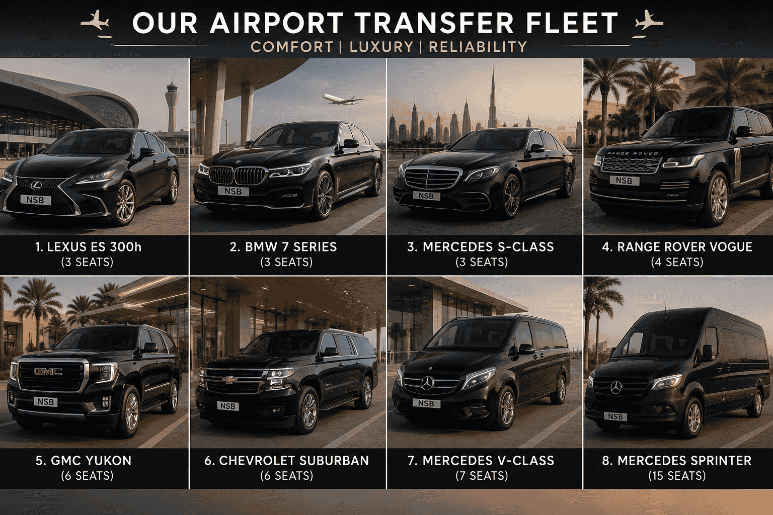Luxury airport transfer fleet in Dubai by NSB Luxury Transport