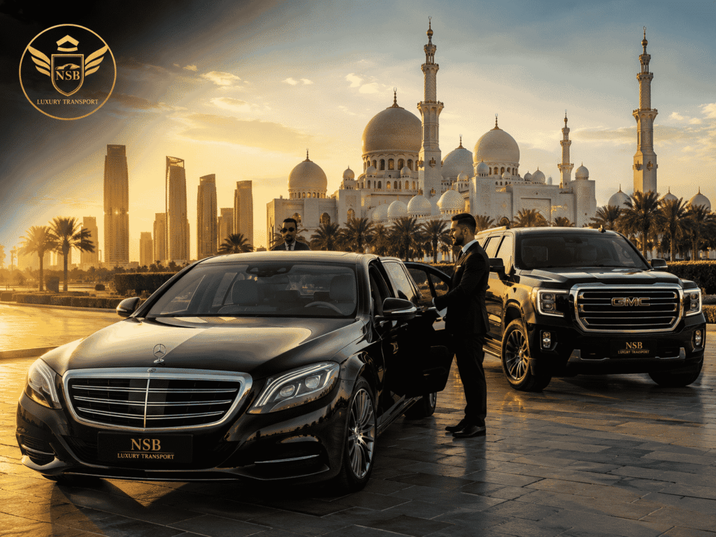 Luxury chauffeur service in Abu Dhabi with black Mercedes S-Class and GMC Yukon SUV at Sheikh Zayed Grand Mosque by NSB Luxury Transport during sunset.