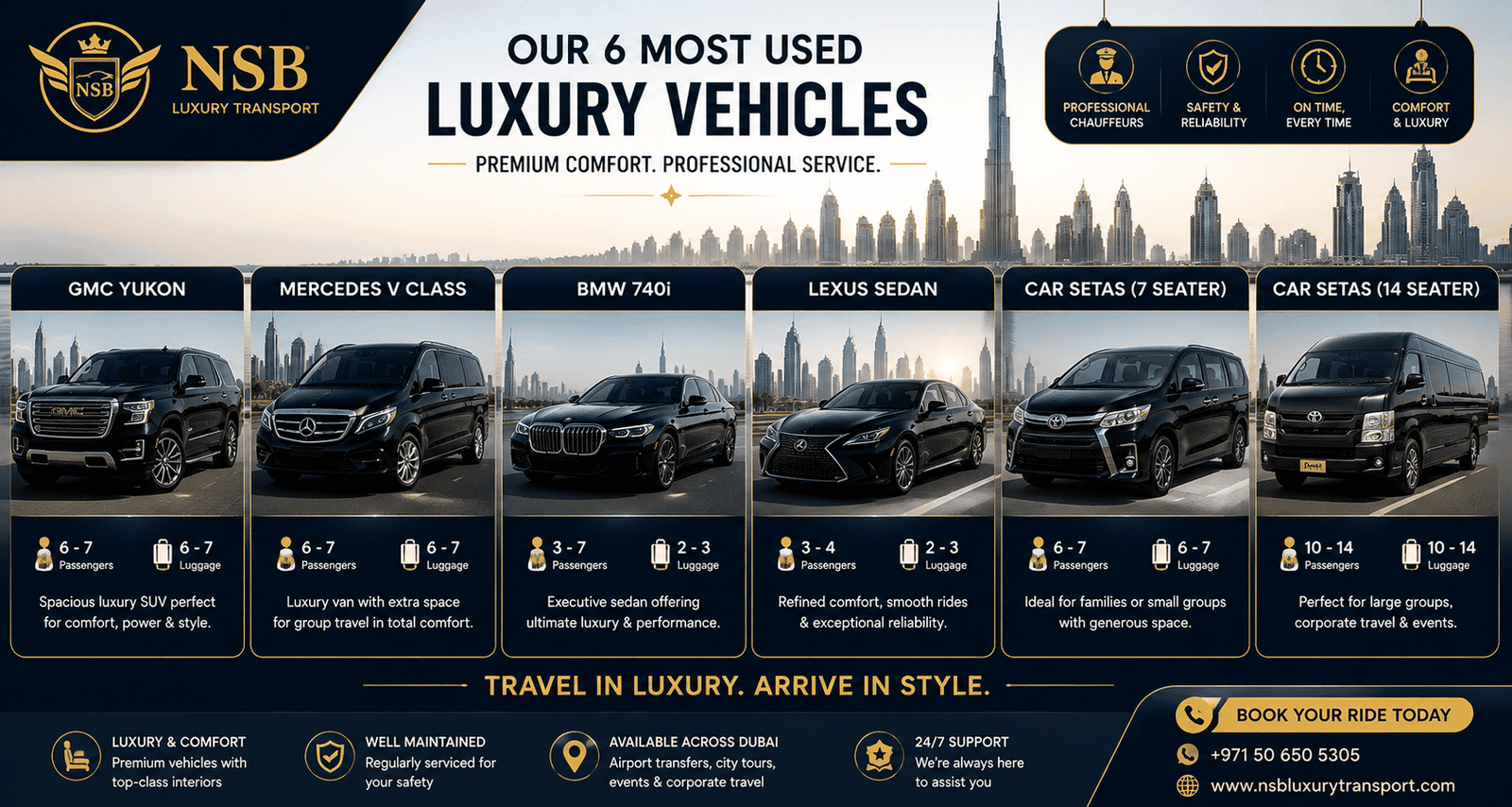 NSB Luxury Transport most used luxury vehicles in Dubai for chauffeur service and airport transfers