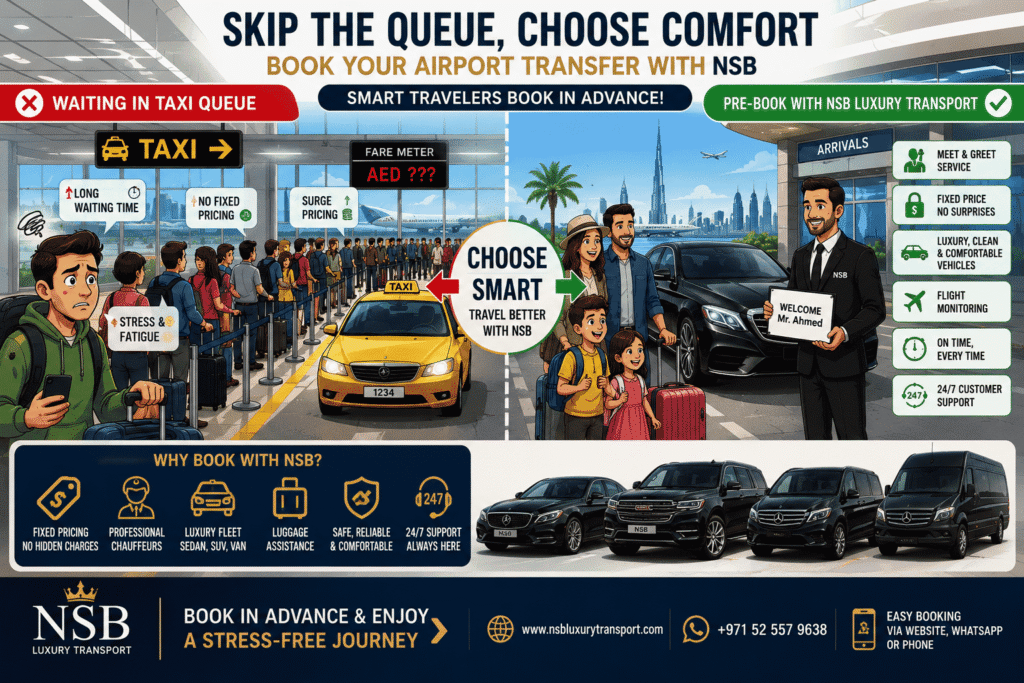 Dubai airport transfer cartoon infographic showing travelers waiting in long airport taxi queues compared to happy passengers using pre-booked luxury chauffeur service with NSB Luxury Transport at DXB Airport.