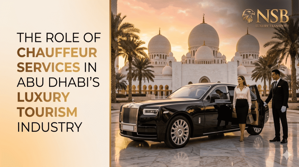 Luxury chauffeur service in Abu Dhabi with Rolls-Royce car and professional driver by NSB Luxury Transport at Sheikh Zayed Grand Mosque during sunset.