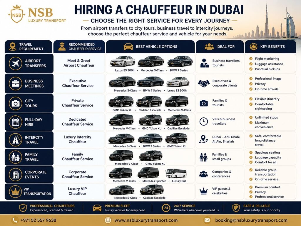 Hiring a Chauffeur in Dubai infographic by NSB Luxury Transport comparing chauffeur services for airport transfers, business meetings, city tours, full-day hire, intercity travel, family transportation, corporate events, and VIP travel with luxury vehicles including Mercedes S-Class, BMW 7 Series, Lexus ES 300h, GMC Yukon XL, Cadillac Escalade, Mercedes V-Class, Mercedes Sprinter, and luxury bus.
