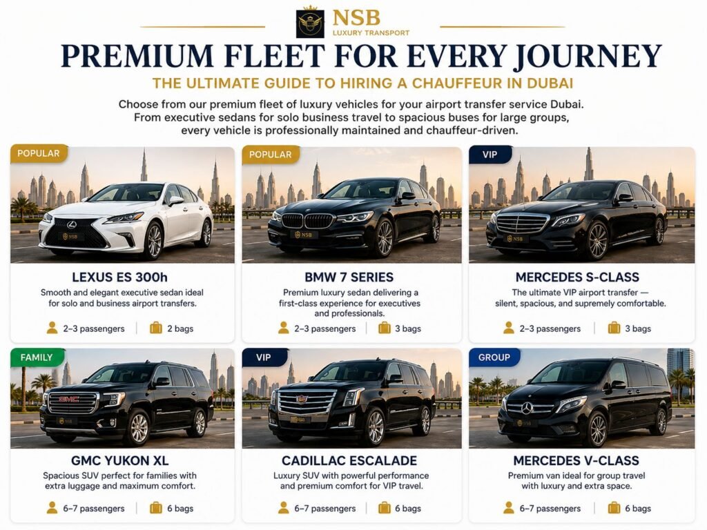 Premium chauffeur fleet comparison by NSB Luxury Transport featuring Lexus ES 300h, BMW 7 Series, Mercedes-Benz S-Class, GMC Yukon XL, Cadillac Escalade, and Mercedes-Benz V-Class for hiring a chauffeur in Dubai, luxury airport transfers, executive travel, VIP transportation, and private driver services across the UAE.