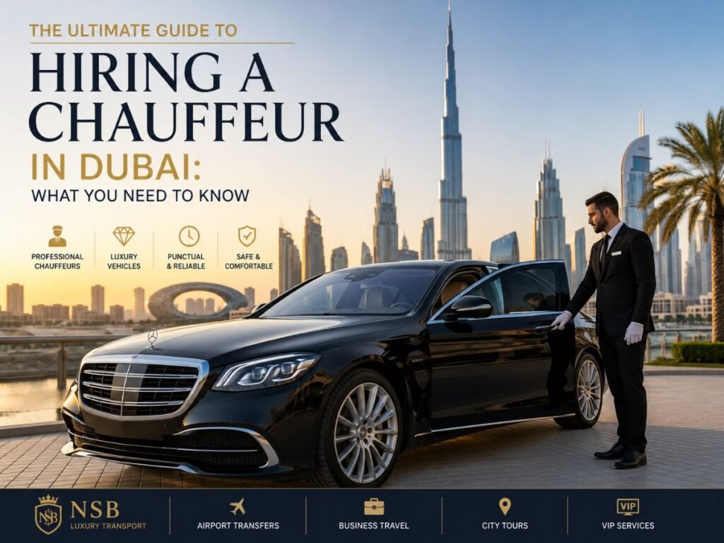 Luxury chauffeur service in Dubai featuring a professional chauffeur beside a Mercedes-Benz S-Class with the Dubai skyline in the background, representing the ultimate guide to hiring a chauffeur in Dubai for airport transfers, executive travel, and private driver services by NSB Luxury Transport.