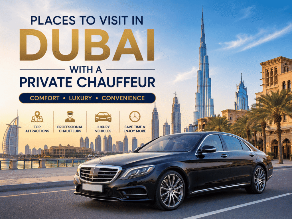 Luxury private chauffeur service in Dubai with a black Mercedes S-Class and Dubai skyline featuring Burj Khalifa, showcasing the best places to visit in Dubai with a private chauffeur.