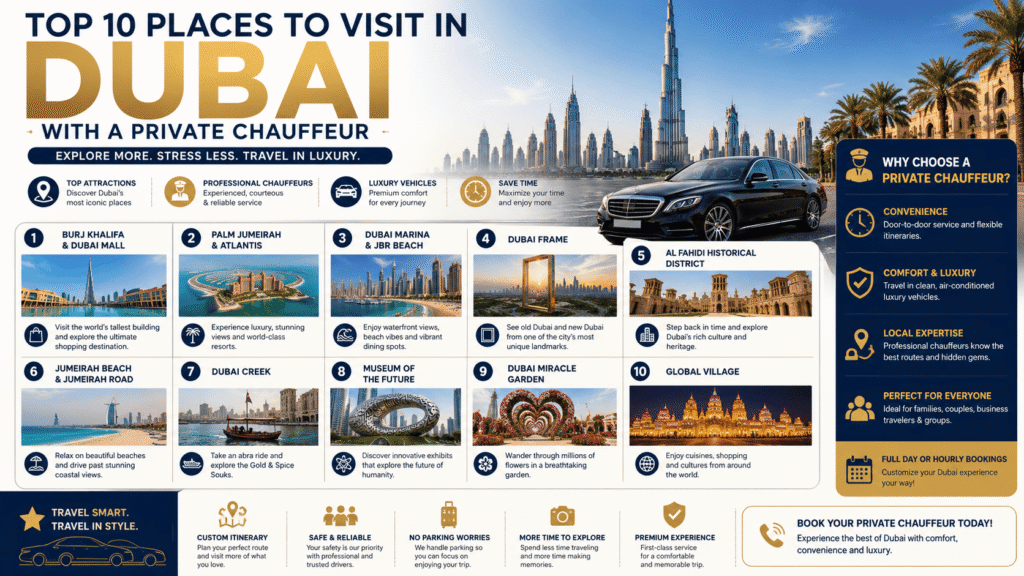 Dubai sightseeing infographic featuring Burj Khalifa, Palm Jumeirah, Dubai Marina, Museum of the Future, Dubai Frame, and a luxury private chauffeur vehicle for exploring top attractions in Dubai.