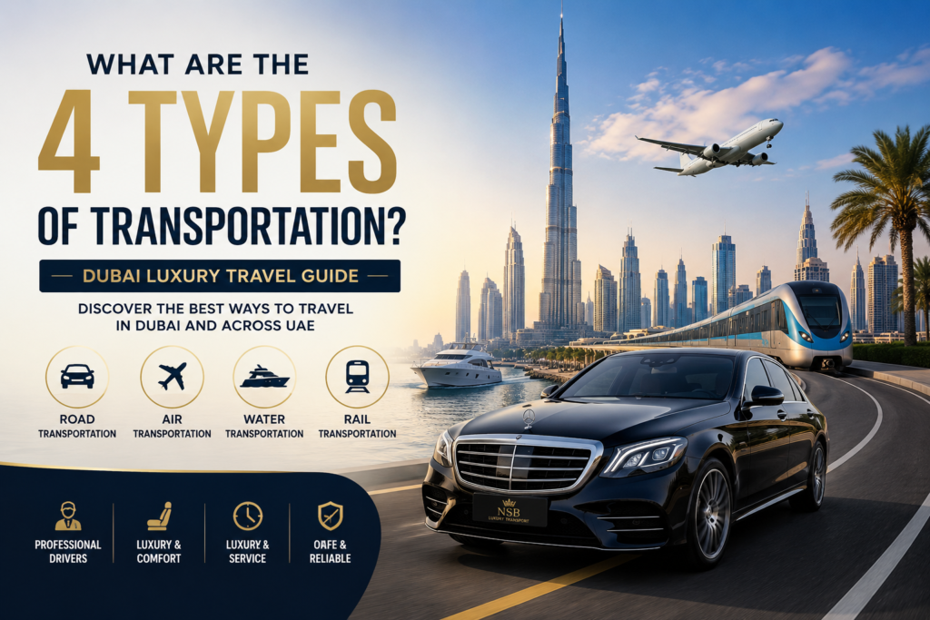 Luxury Dubai transportation guide showing chauffeur car, airplane, yacht, and metro representing the 4 types of transportation in Dubai by NSB Luxury Transport.