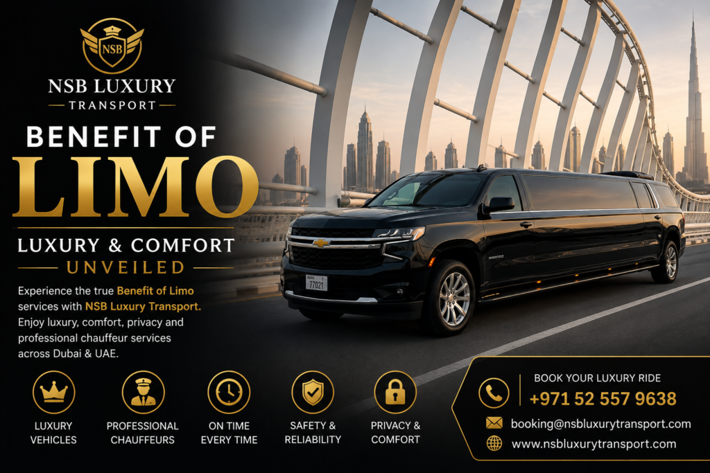 Luxury black limousine service in Dubai by NSB Luxury Transport showing VIP chauffeur travel and premium limo transportation.