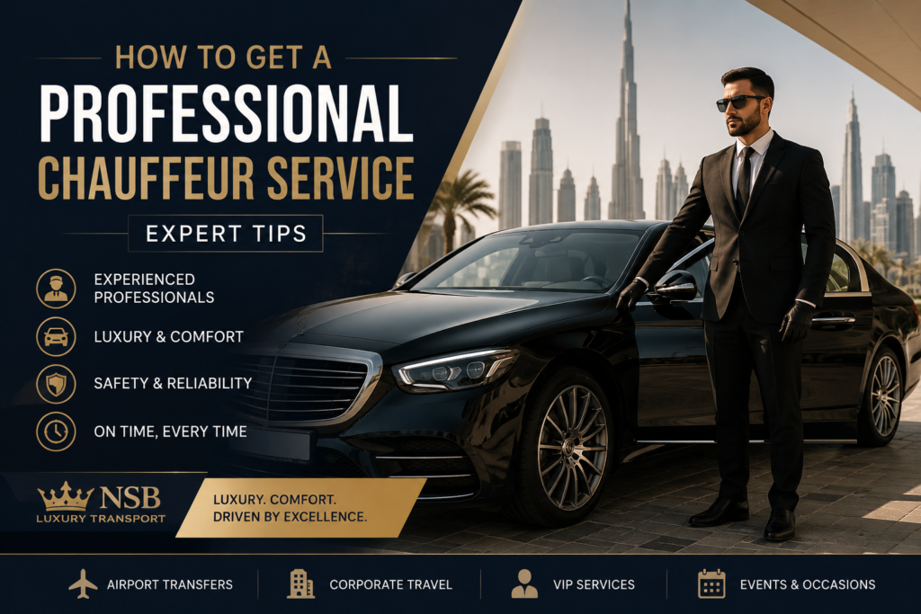 Professional chauffeur service in Dubai with luxury sedan, experienced chauffeur, airport transfer, VIP transportation, and NSB Luxury Transport premium travel services.