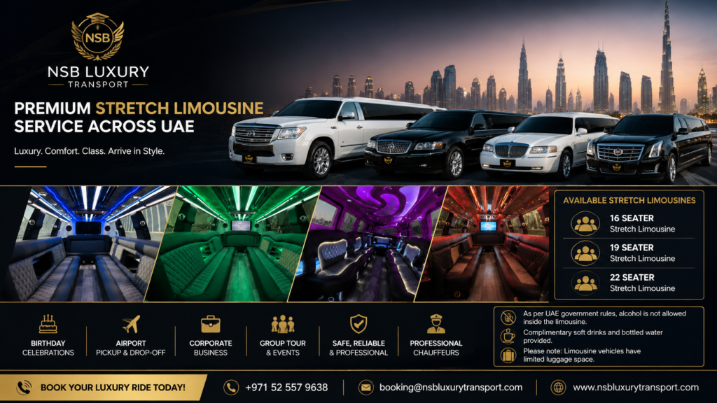Luxury stretch limousine fleet in Dubai by NSB Luxury Transport with premium interior lighting, chauffeur service, airport transfer, and VIP group transportation.