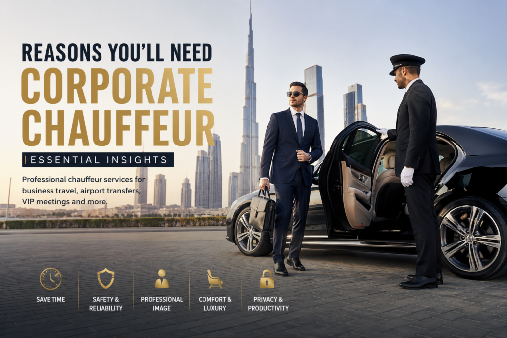 Luxury corporate chauffeur service in Dubai with professional driver and executive businessman near premium black sedan.