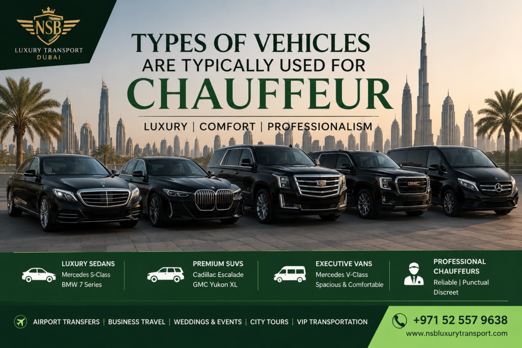 Types of vehicles typically used for chauffeur service including Mercedes S-Class, BMW 7 Series, Cadillac Escalade, GMC Yukon XL, and Mercedes V-Class by NSB Luxury Transport Dubai.