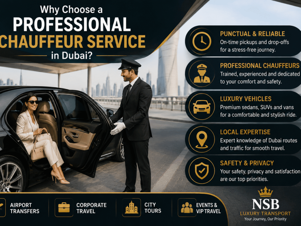 Luxury chauffeur opening car door for business traveler in Dubai with professional chauffeur service benefits infographic by NSB Luxury Transport.