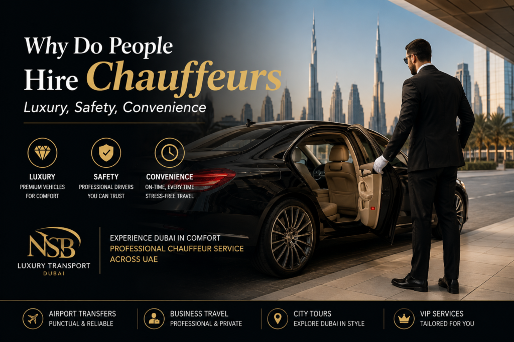 Luxury chauffeur service in Dubai with professional drivers, premium vehicles, airport transfers, and VIP transportation by NSB Luxury Transport.