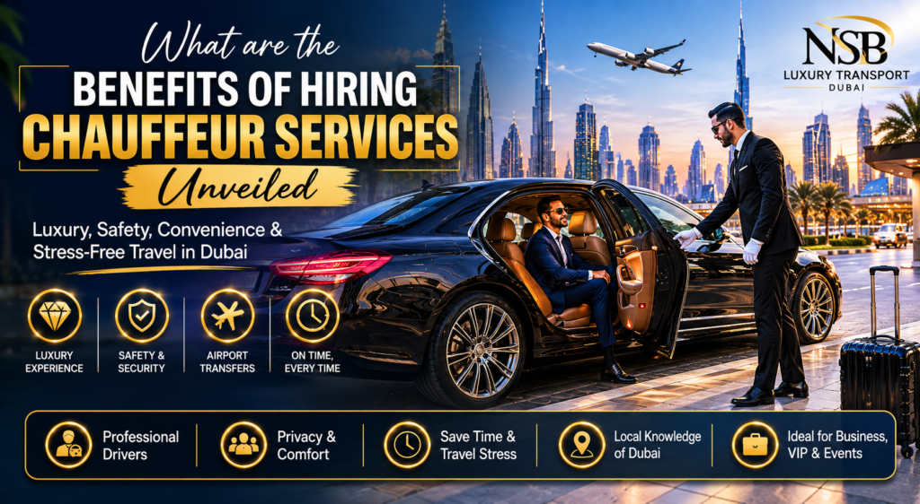 Luxury chauffeur opening premium black car for VIP client in Dubai with Burj Khalifa skyline and professional chauffeur service by NSB Luxury Transport.
