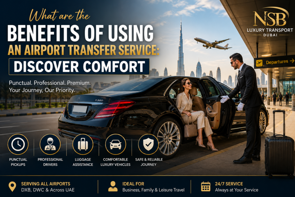 Professional airport transfer service in Dubai with luxury black sedan, chauffeur assistance, airport pickup, and VIP travel experience by NSB Luxury Transport.