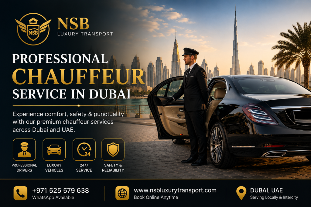 Professional chauffeur standing beside a luxury black sedan with Dubai skyline background for NSB Luxury Transport chauffeur service in Dubai.