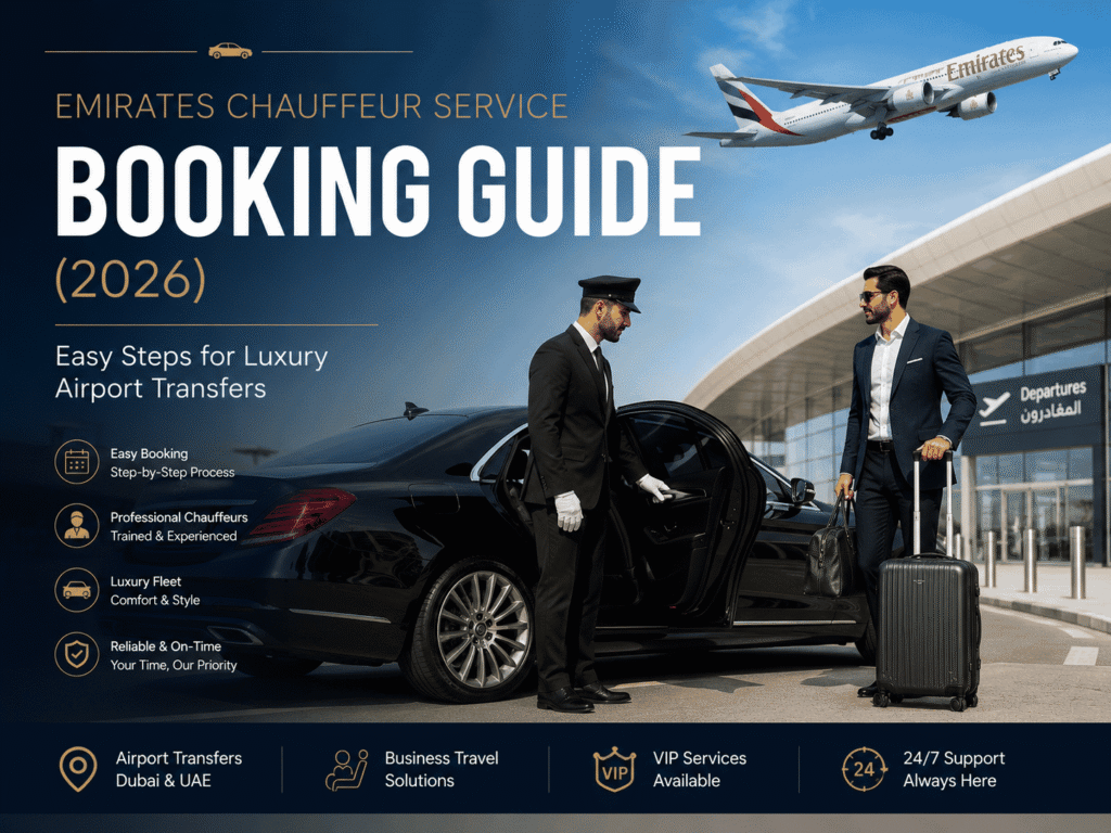Luxury Emirates chauffeur service booking in Dubai with professional chauffeur, black luxury sedan, airport transfer passenger, and Dubai International Airport terminal scene.