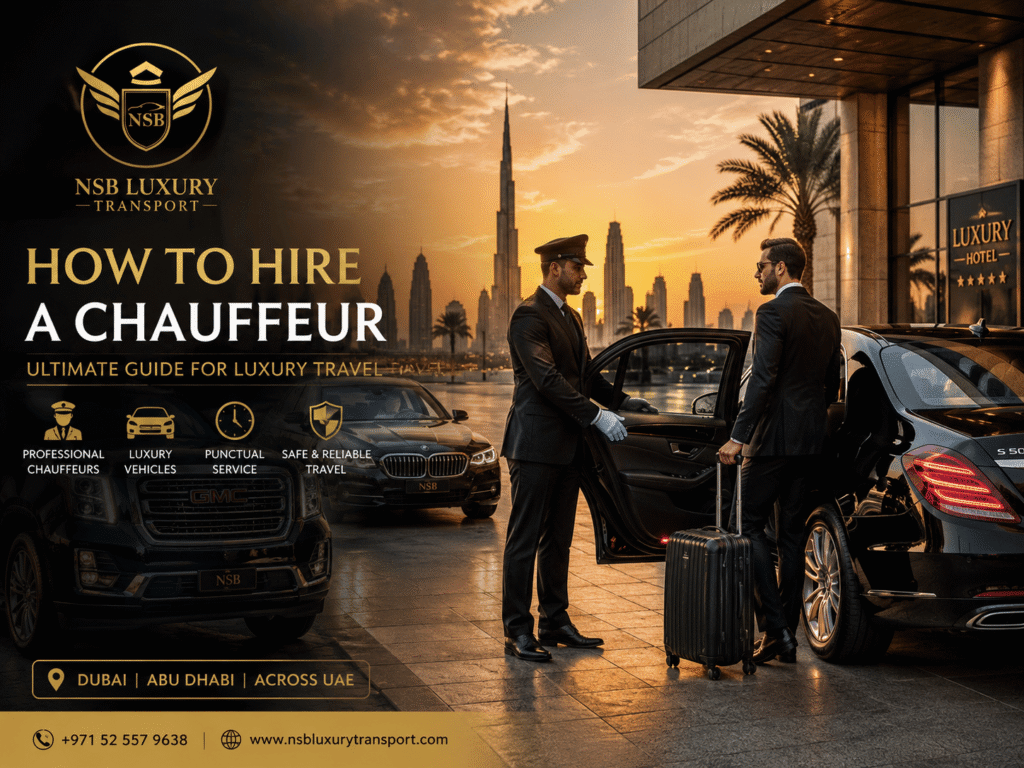 Professional chauffeur opening luxury Mercedes S-Class door for VIP traveler with GMC Yukon and BMW luxury cars in Dubai during sunset by NSB Luxury Transport.