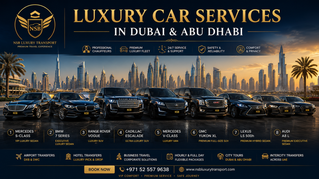 Luxury Car Services in Dubai and Abu Dhabi with premium chauffeur fleet including Mercedes S-Class, BMW 7 Series, GMC Yukon XL, Cadillac Escalade, and Mercedes V-Class by NSB Luxury Transport