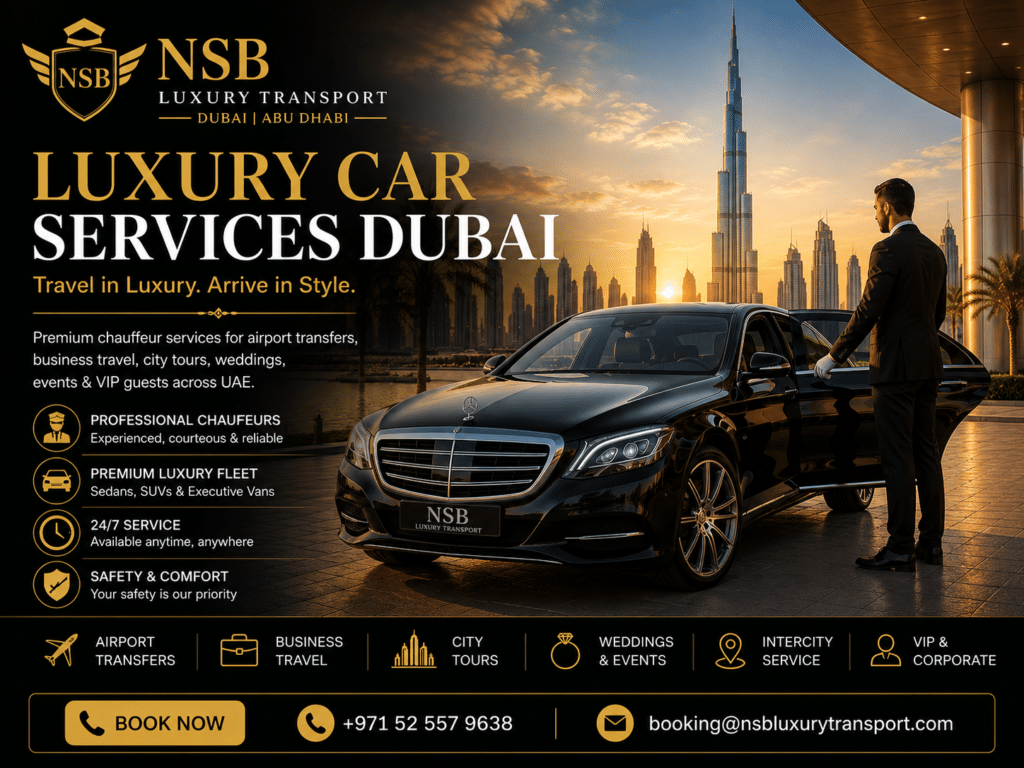 Luxury car services Dubai with Mercedes S-Class chauffeur service, VIP airport transfer, executive transportation, and premium luxury travel by NSB Luxury Transport in Dubai and Abu Dhabi.