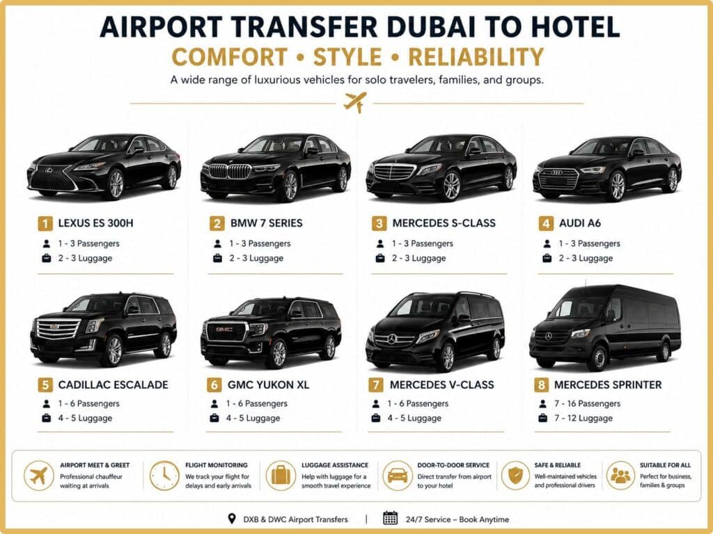 Luxury chauffeur vehicles for airport transfers from Dubai airport to hotels