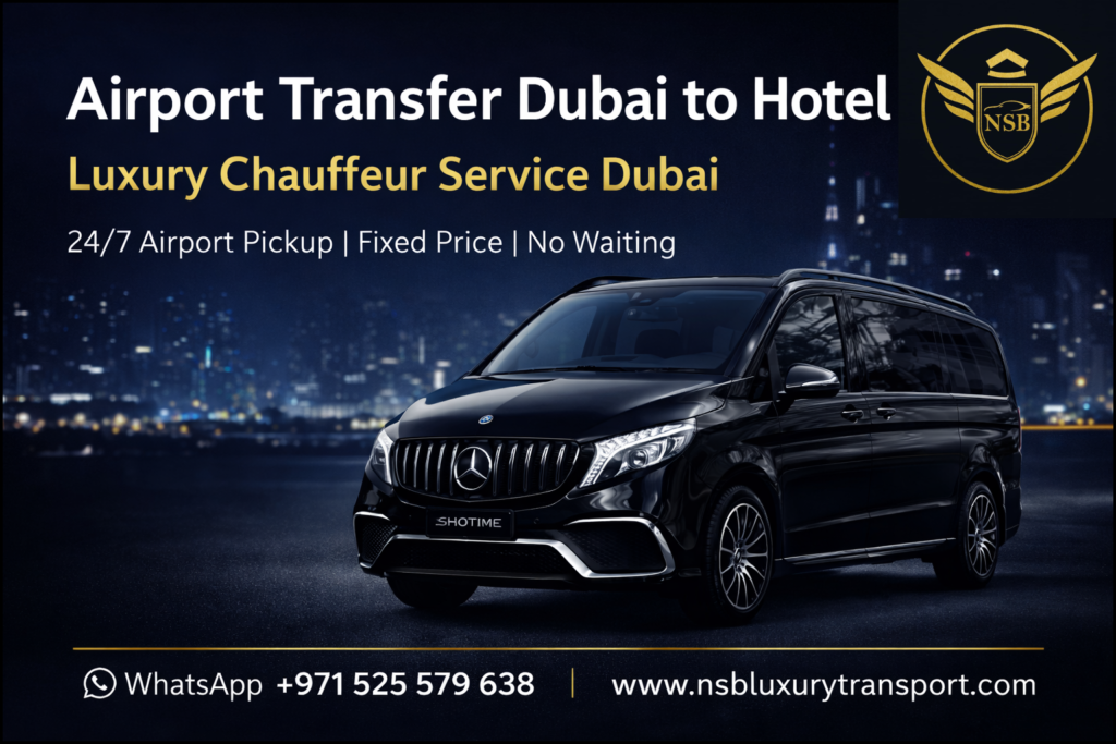Dubai airport to hotel transfer service Mercedes V Class luxury van chauffeur service for family and group airport pickup in Dubai