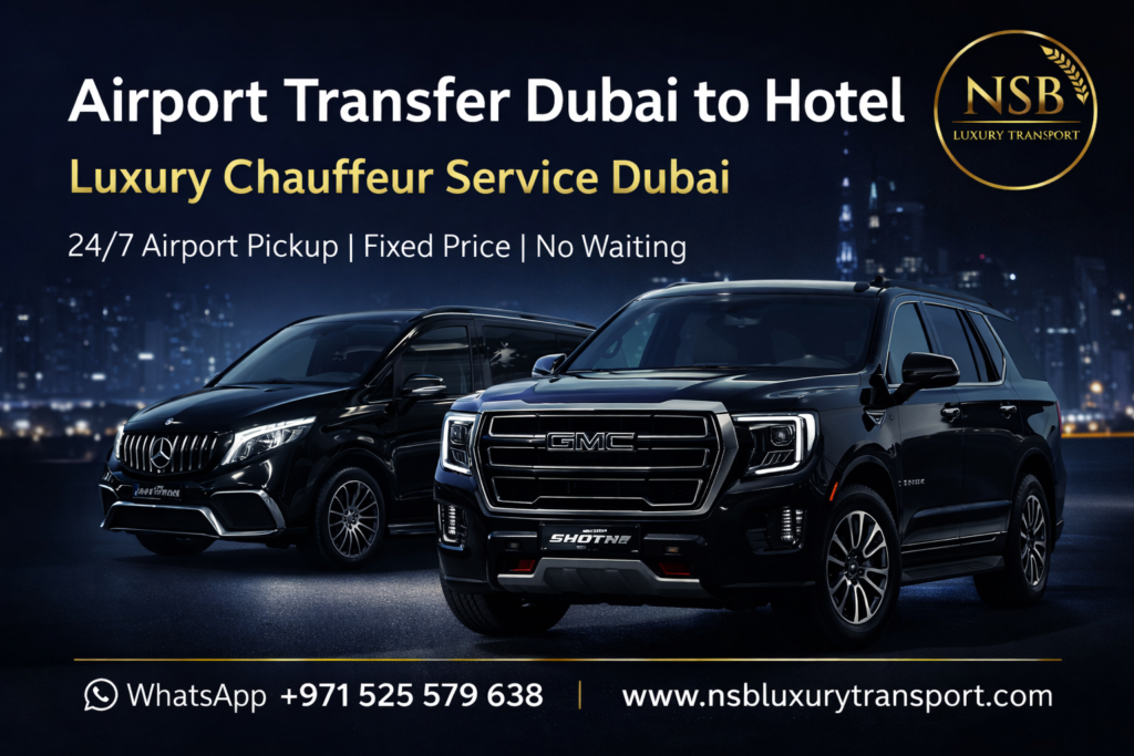 Dubai airport to hotel transfer service Mercedes V Class luxury van chauffeur service for family and group airport pickup in Dubai