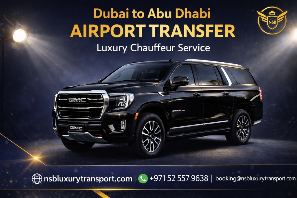 Dubai to Abu Dhabi airport transfer luxury SUV chauffeur service with GMC Yukon by NSB Luxury Transport