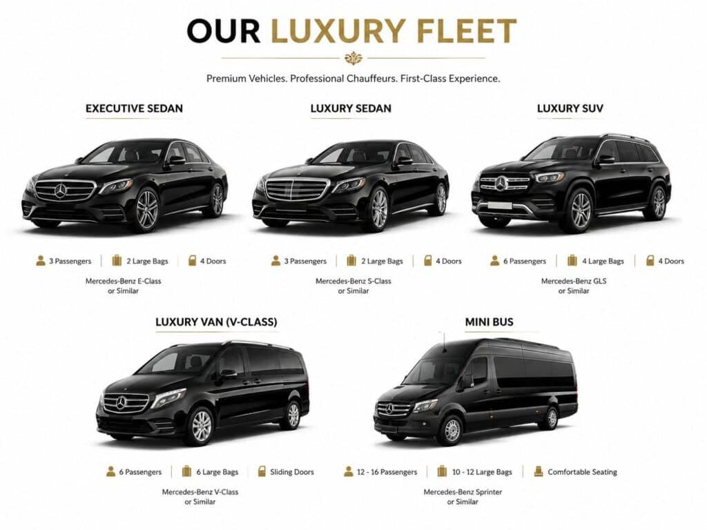 Luxury chauffeur fleet with sedans, SUVs, Mercedes V-Class and minibus