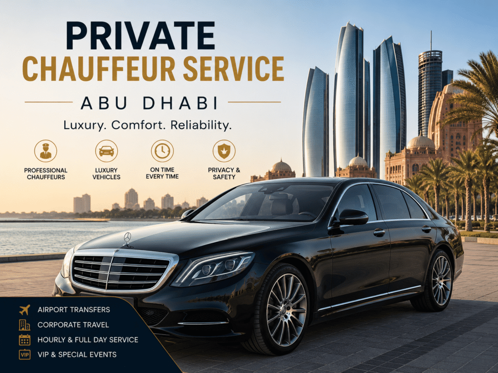 Private chauffeur service Abu Dhabi with a luxury black Mercedes-Benz sedan, Abu Dhabi skyline in the background, premium chauffeur transportation for business travel, airport transfers, and VIP clients.