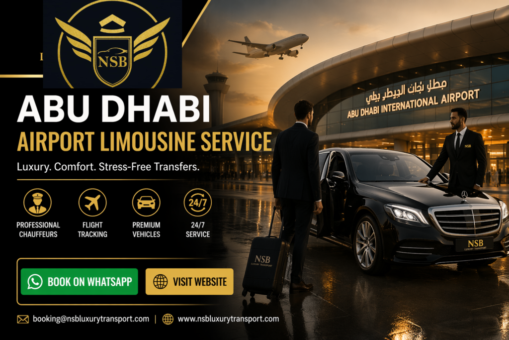 Abu Dhabi Airport Limousine Service luxury chauffeur pickup at Abu Dhabi International Airport with premium sedan by NSB Luxury Transport