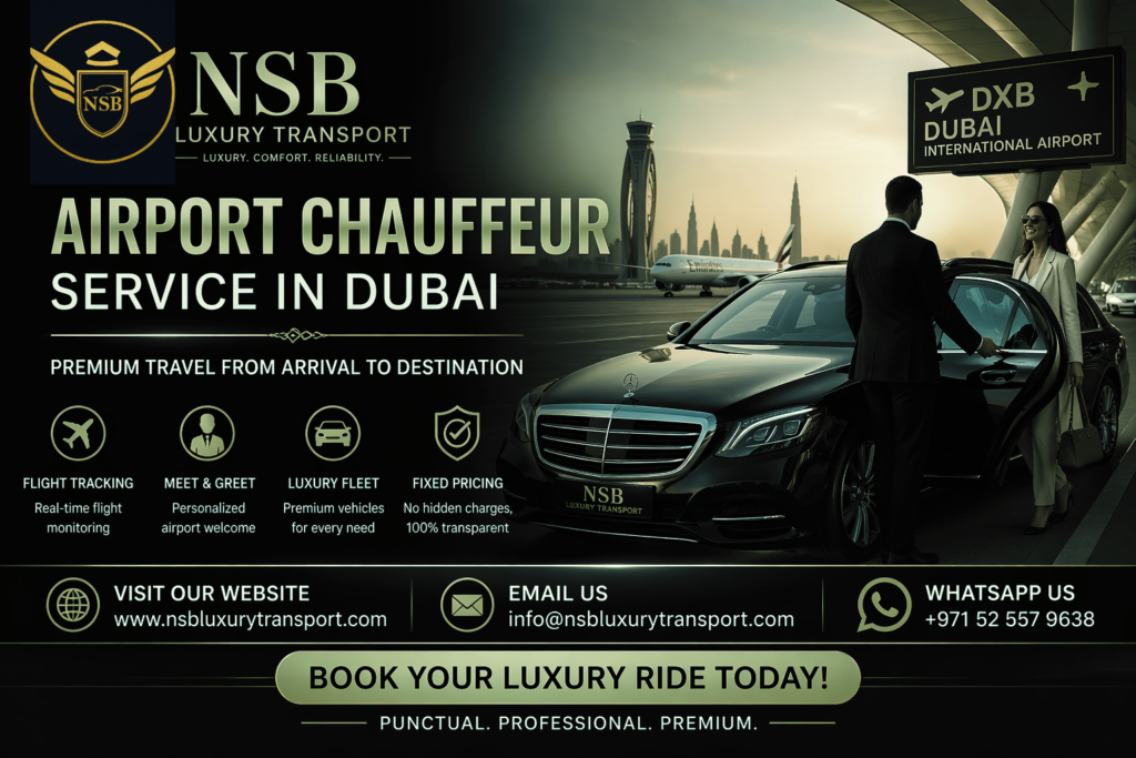 Airport chauffeur service in Dubai with luxury car and professional driver at Dubai International Airport by NSB Luxury Transport
