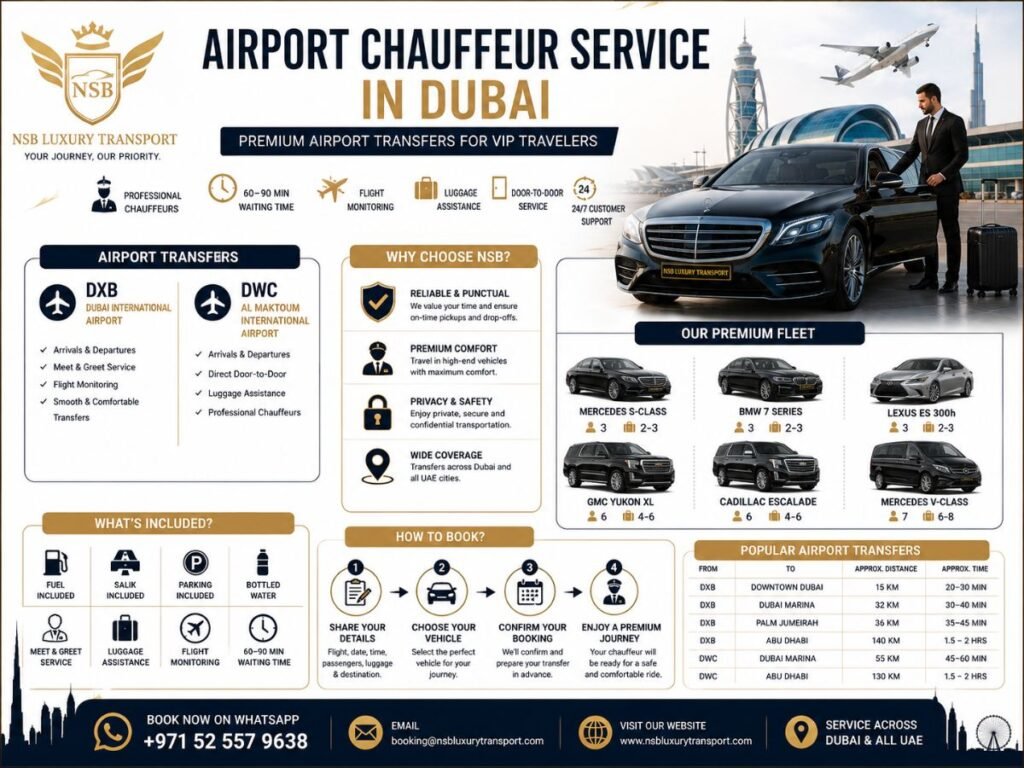 Airport chauffeur service in Dubai infographic showing DXB and DWC transfers, luxury vehicles, flight monitoring and luggage assistance