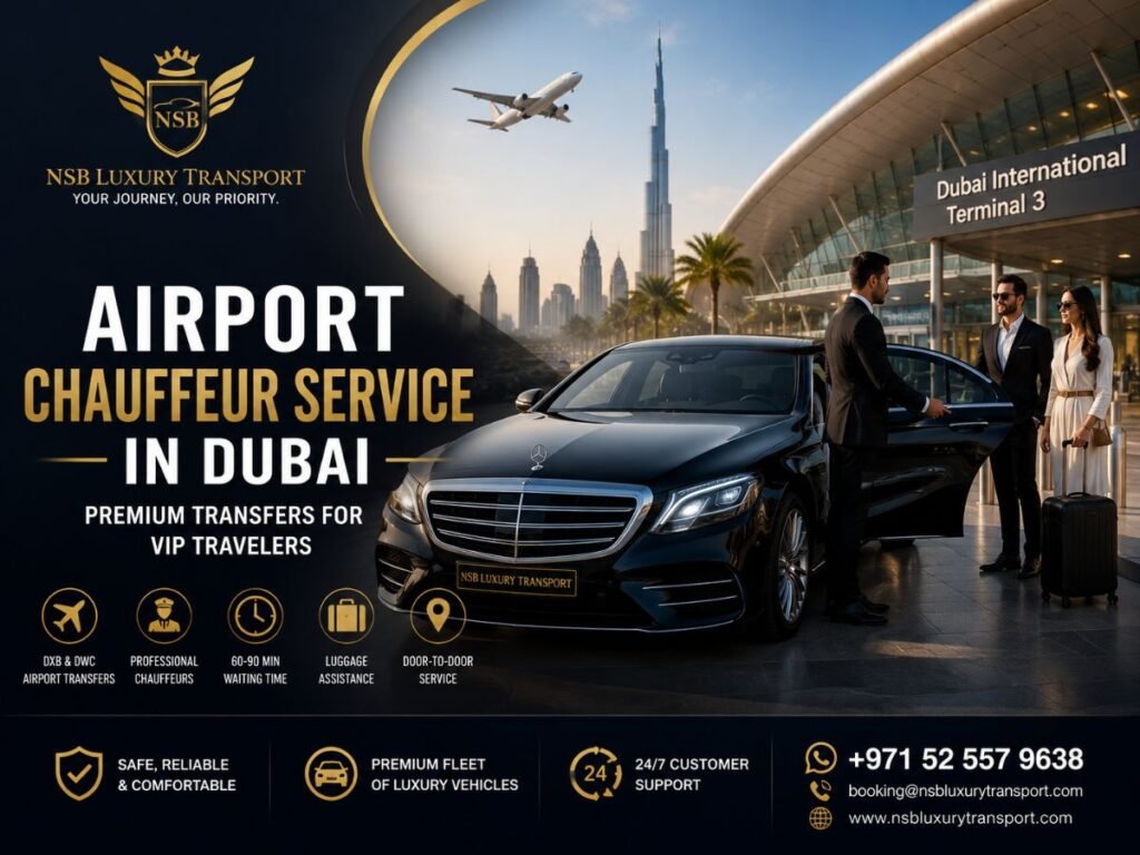 Airport chauffeur service in Dubai with luxury Mercedes and professional chauffeur at Dubai Airport