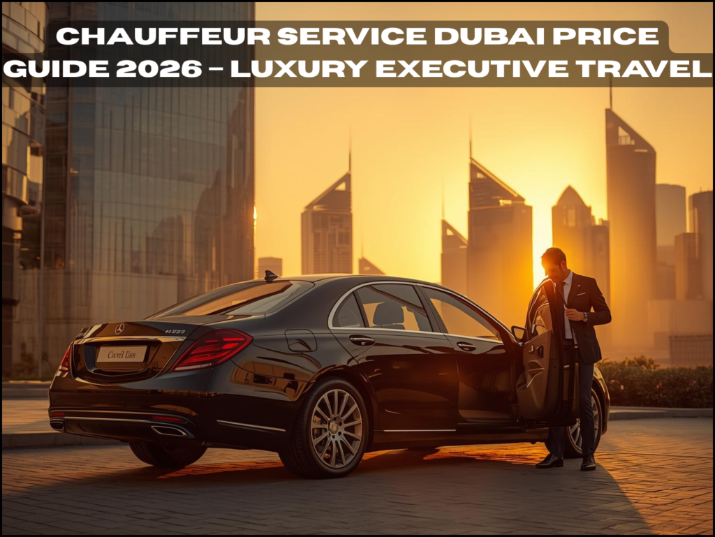 Luxury chauffeur service in Dubai with executive sedan near business district skyline