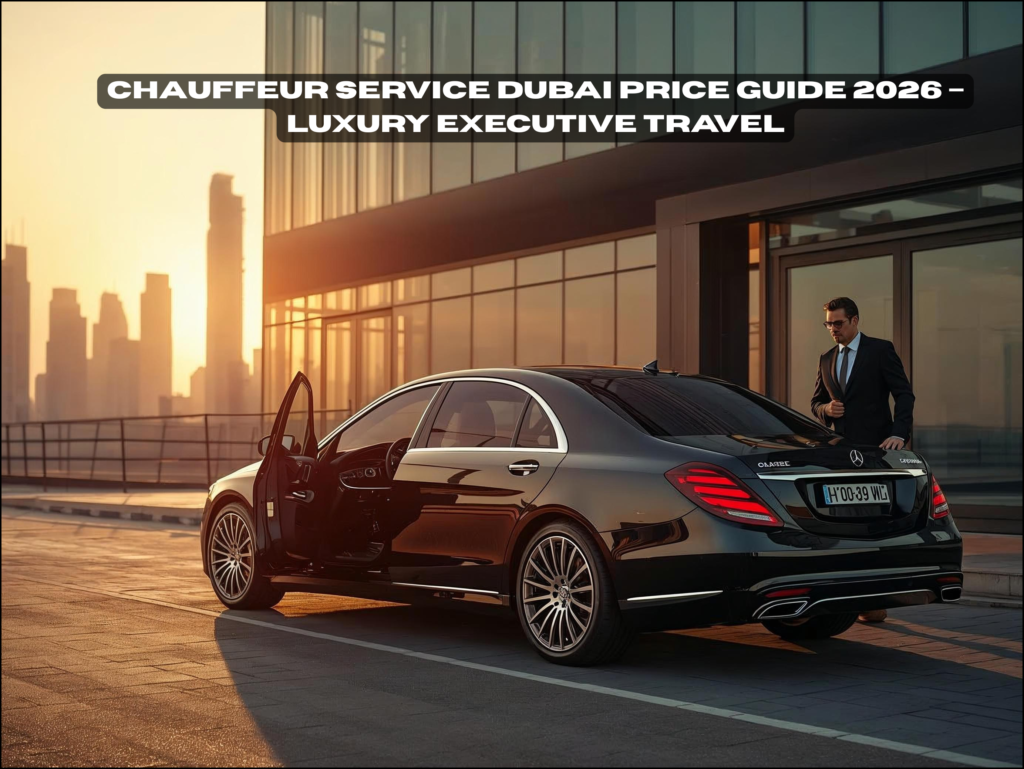 Luxury chauffeur service in Dubai with executive sedan near business district skyline