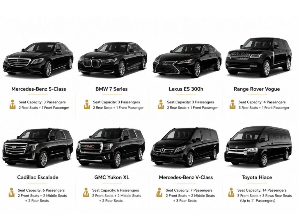 Corporate chauffeur Dubai fleet with Mercedes S-Class, BMW 7 Series, Lexus ES 300h, Range Rover, Cadillac Escalade, GMC Yukon XL, Mercedes V-Class and Toyota Hiace