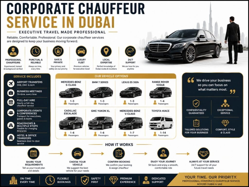 Corporate chauffeur Dubai infographic showing executive vehicles, airport transfers, business meetings, professional chauffeurs and corporate travel services