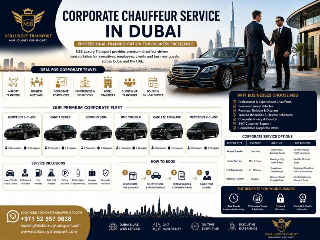 Corporate chauffeur service in Dubai infographic with executive vehicles, airport transfers, business meetings and roadshow transportation