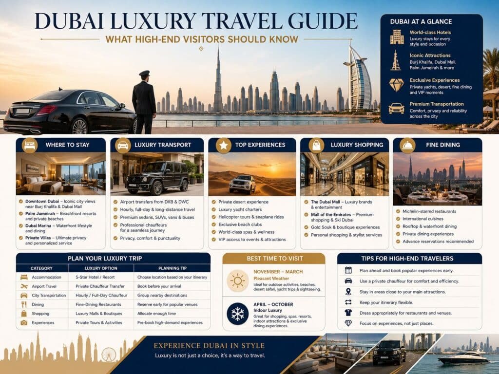 Dubai luxury travel guide infographic with hotels, chauffeur transport, dining, shopping and premium experiences