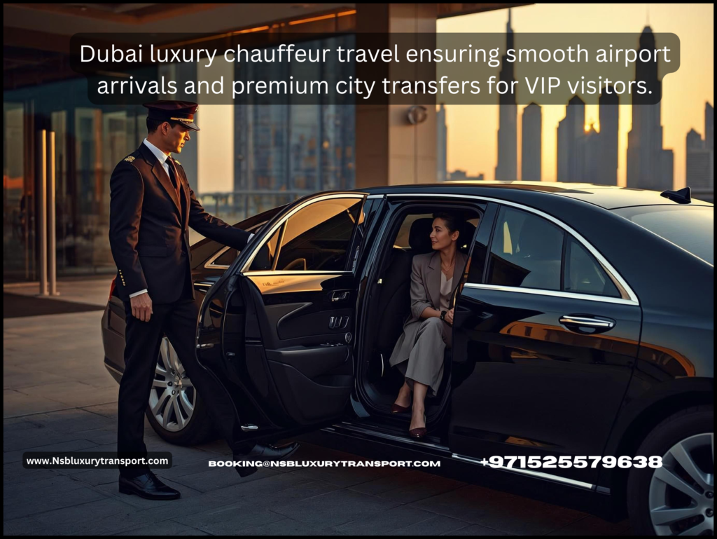 Dubai luxury chauffeur service assisting VIP traveler with airport and hotel transfer
