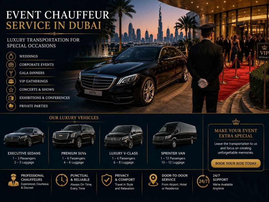 Event chauffeur service Dubai infographic with luxury vehicles for weddings, corporate events and VIP transportation