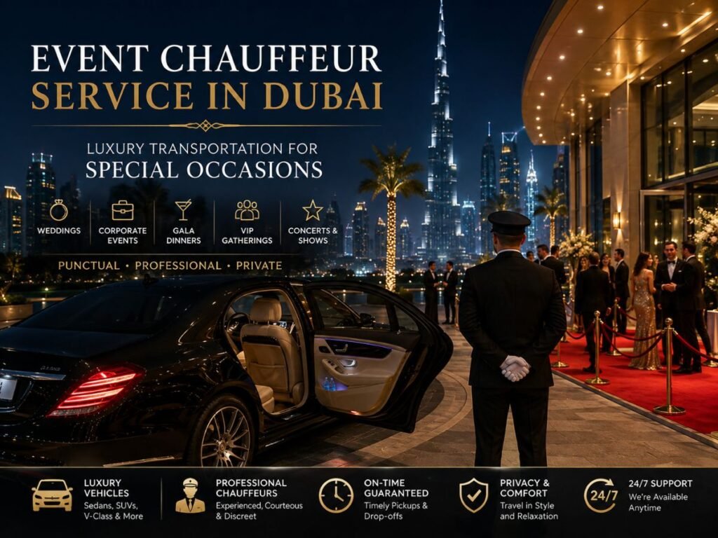 Event chauffeur service Dubai with luxury car and professional chauffeur for special occasions