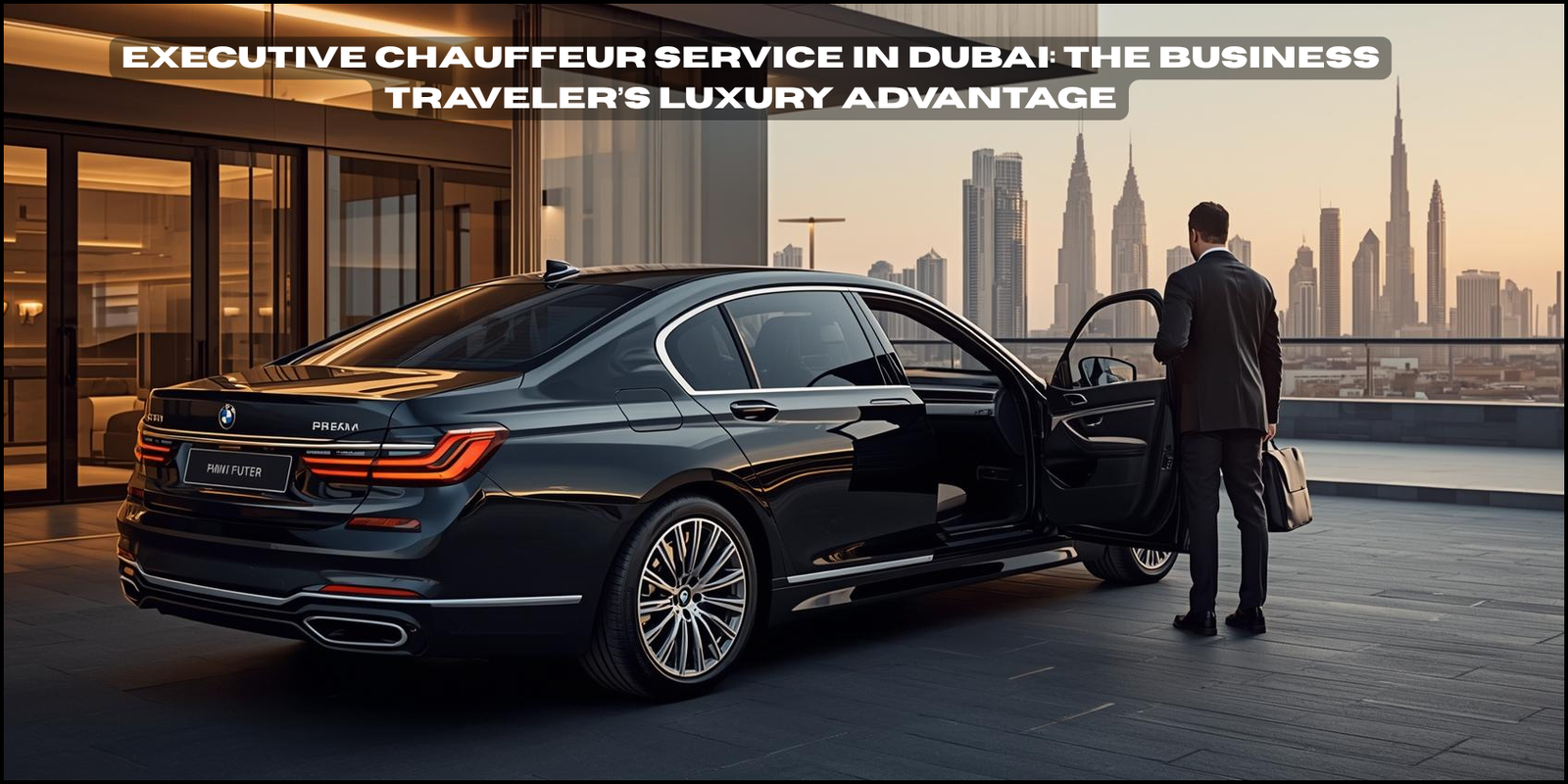 Executive chauffeur service in Dubai with luxury sedan and professional driver assisting business traveler